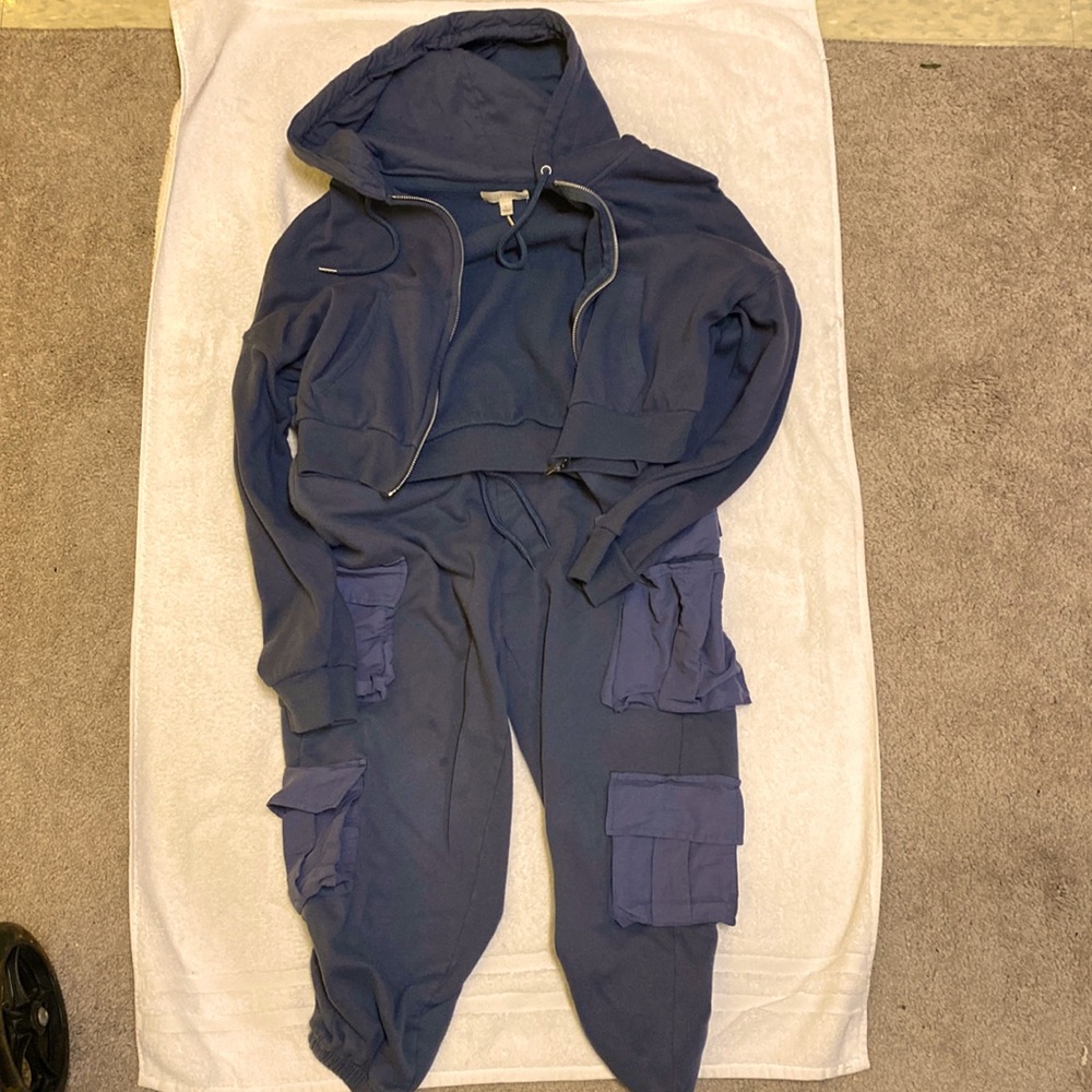 Dusty Blue Cotton Track Suit - Crop Top L - Cargo Sweats M - Worn
